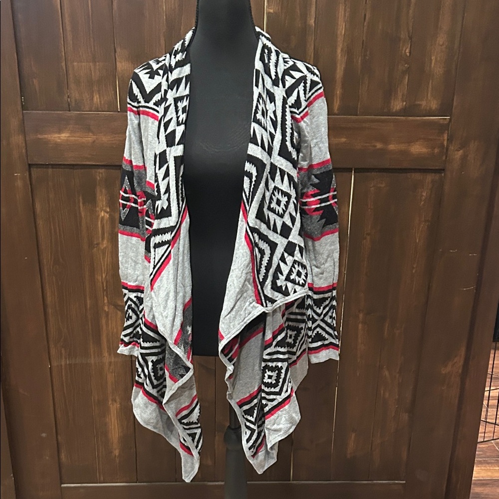 Forever 21 Geometric Open Front Cardigan - Gray, Black, Red